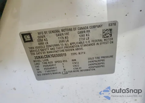 2016 Chevrolet Equinox Lt from USA, damaged, VIN 2GNALCEK7G6300019